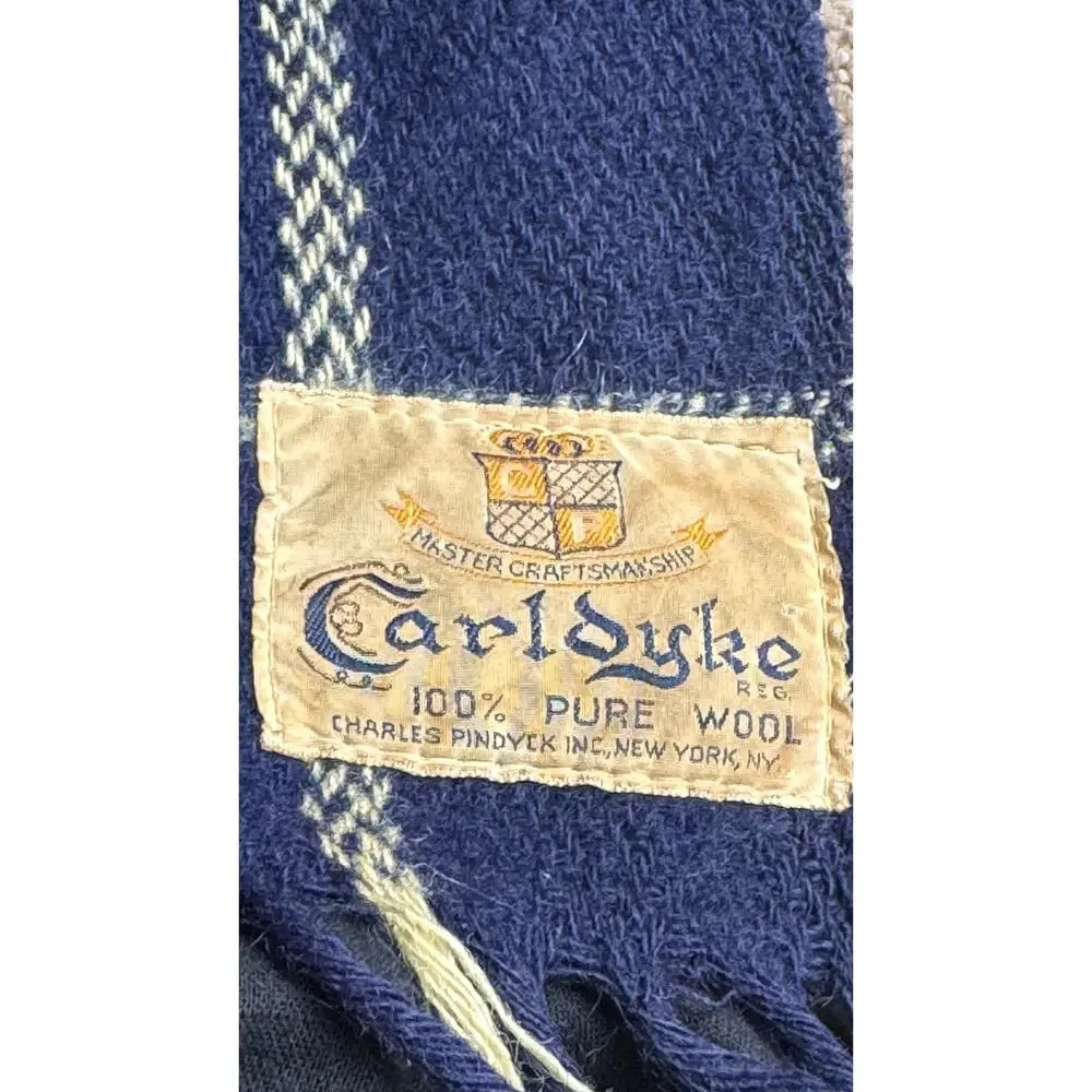 1960s CarlDyke Tartan Wool Stadium Blanket Red Navy Plaid Fringe 51x38